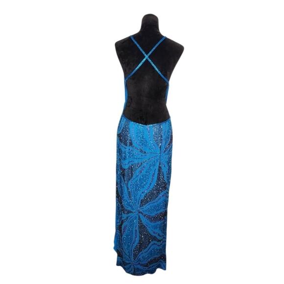 Cache Vintage Beaded Silk Blue Open Back Gown Maxi Dress High Slits Size Large - Picture 3 of 13